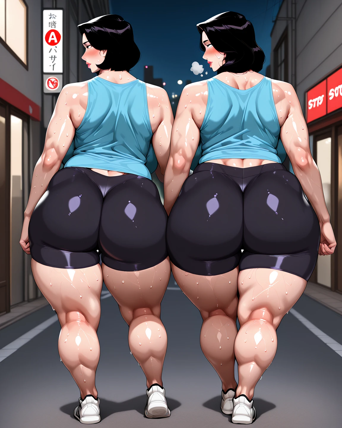 A mature motherly woman and her daughter in bikinis, massive bloated overstuffed very heavy belly, hyper massive fat tall wide round heavy heart shaped bubble butt, very wide fat hips, massive fat round long very heavy breasts, deep long cleavage, weight gain, deep navel, from slightly behind, looking back, smiling, blushing, sexy pose, showing off her massive heavy fat round ass,