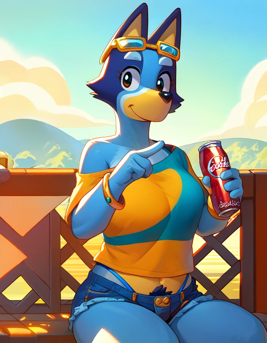 Solo female, toucan, avian, bird, curvy, black feathers, blue bikini bottom, flower lei, holding coconut drink, beach, Hawaiian, tropical, palm trees in background