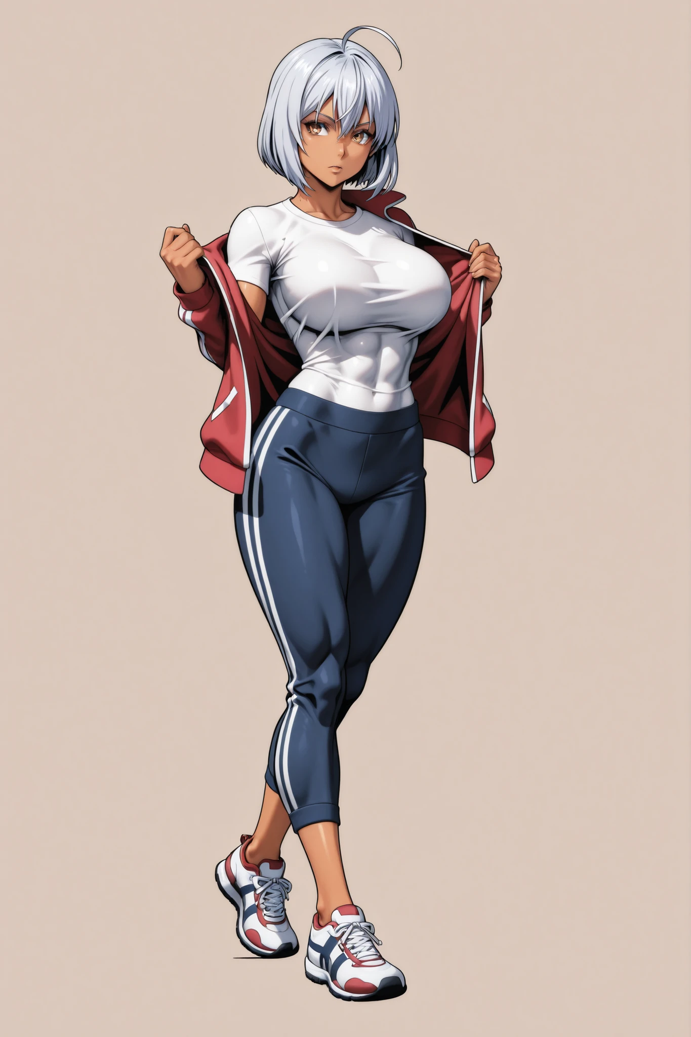 shokugeki_no_souma, Contour Line Drawing, silver hair, short hair, bob cut, ahoge, hazel eyes, tan skin, warm golden tan, athletic build, toned body, curvy figure, , sportswear, fitted t-shirt, open track_jacket , track pants, running sneakers