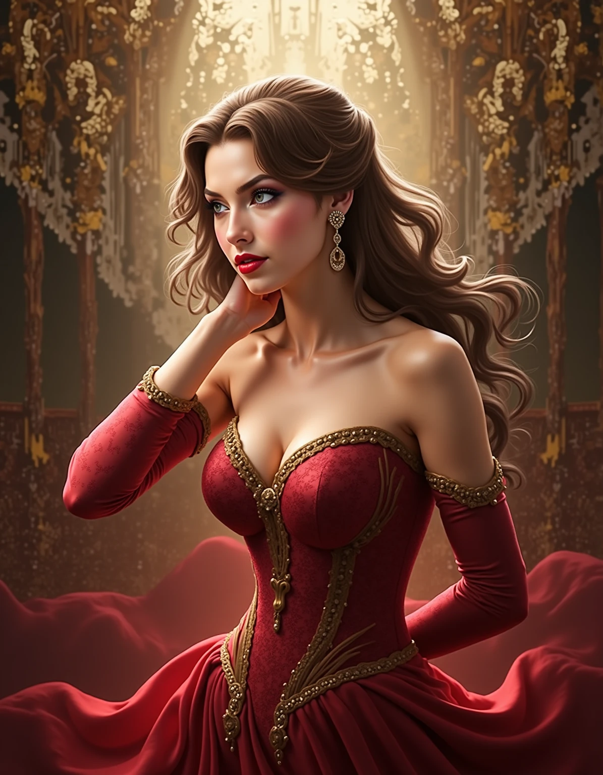 Tight cleavage, fancy ballgown, deep tits, embroidered, dark red,