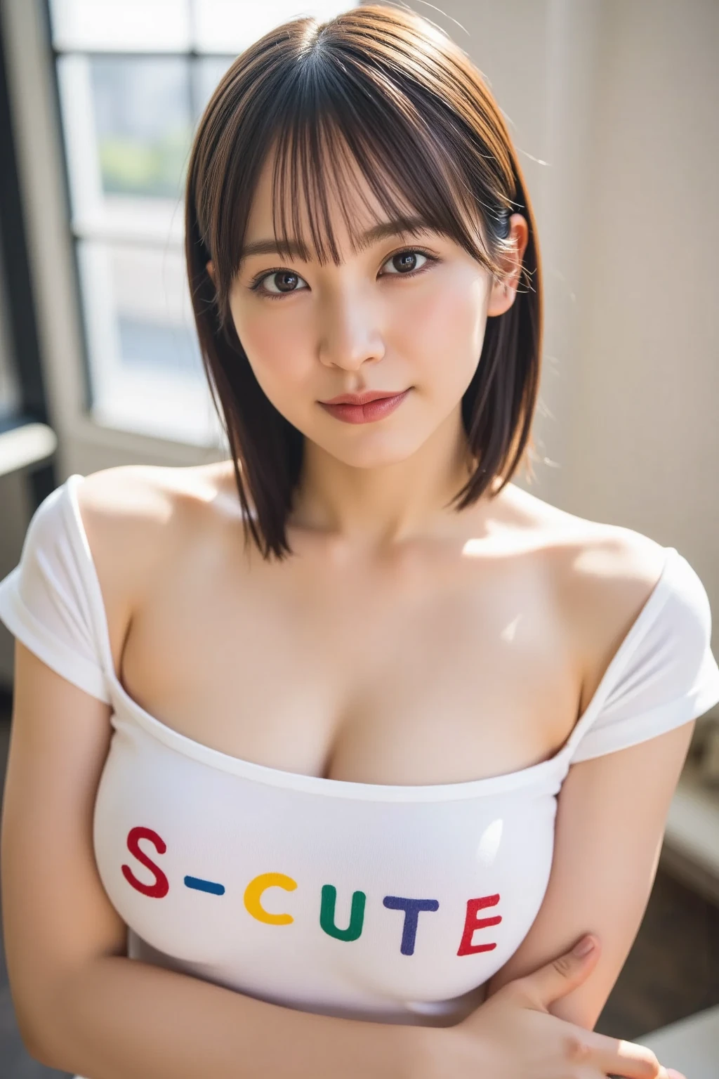 (((neat woman,(from below),(from below),Bright-eyed excitement,((kind big smile)),blush,red cheek,please touch me,eat me,tempting viewer, prisoner of love,i want you))),((from below,looking down,sitting down,i can see your panties and underboob)),((((blush,red cheek)))),(cinematic lighting), (Photo real:1.4)、(A hyper-realistic:1.4)、(Photorealistic:1.3)、 (gentle lighting: 1.05)、(Improve the lighting quality of your video:0.9)、 32k、25years old woman、photorealistic lighting、Back lighting、Facial Lights、Ray Trace、(bright:1.2)、(Increase quality:1.4)、 (best quality real texture skin)、Fair eyes,delicate face、 Close-up of the face, (((Wearing the printed high-neck t-shirt,(no printed pleated navy skirt),high-heel))),(Bodyline mood improvement:1.1)、Glossy skin、good figure,perfect anatomy,Beautiful actress,(((beautiful huge breasts,underboob,underboob,slender waist,slender hip,long slender legs,8heads tall))),(((8heads tall))),(((light brown wavy hair,curtain bangs))),(((sweat skin,shiny skin,in the beautiful modern night pool,super clean night view,in the night))),