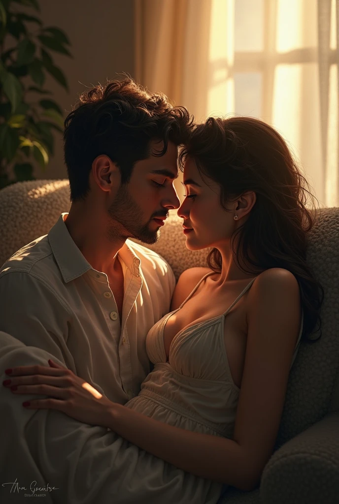 I am nothing without you man and girl background, blue window with sunlight, cozy room, relaxed pose, realistic, intricate details, warm colors, by Greg Rutkowski, by Alphonse Mucha