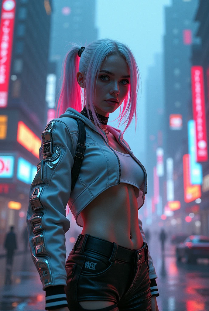 masterpiece, best quality, high quality, superdetailed, high_res, high contrast, photorealistic character, ((( Lucy))) ((cyberpunk edge runners)), white color, rainbow dyed color with white color hair, black top, black panties, white open top shirt, perfect breasts, superdetailed face, paled reddish skin, red oily lips, oily skin, sunkissed beauty, superrealistic, beauty model, Lucy art