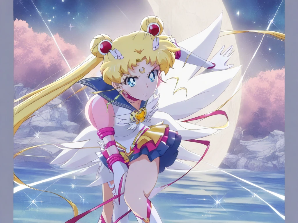 ((masterpiece)), (best quality), official art, very delicate and beautiful, highly detailed CG, Unity 8k wallpaper, ultra detailed, beautiful fine details, highly detailed face, one girl, Sailor Moon, full body, night sky, detailed face, shiny skin, night sky, moonlight, moon, white gloves, magical girl, fly ring