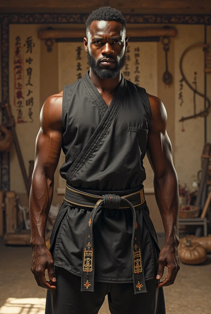 30-year-old African man wearing samurai clothes. strong features. olhos grandes e brilhantes, thick lips, without beard and short hair. Stately. wearing no shirt. white background.