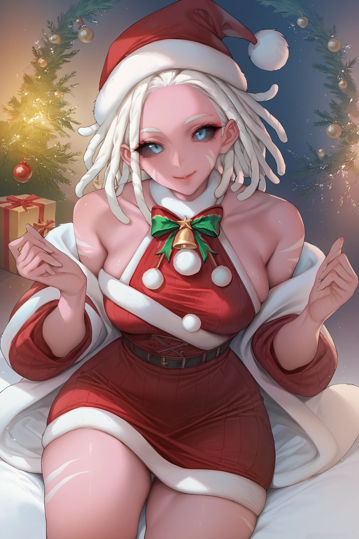 hilda valentine goneril, fire emblem, hilda valentine goneril \(winter\),
1girl, bangs, belt, blunt bangs, blush, bodice, breasts, candy, candy cane, christmas, cleavage, clothing cutout, dress, food, fur-trimmed gloves, fur-trimmed headwear, fur-trimmed sleeves, fur collar, fur trim, gloves, grey background, hairband, hat, holding, holding candy, holding candy cane, holding food, index finger raised, large breasts, long hair, long sleeves, looking at viewer, mini hat, official alternate costume, one eye closed, open mouth, pink belt, pink hair, red dress, red hairband, red headwear, santa costume, shoulder cutout, simple background, smile, solo, twintails, very long hair, white gloves,
((masterpiece))
<lora:hilda_valentine_goneril:0.7>