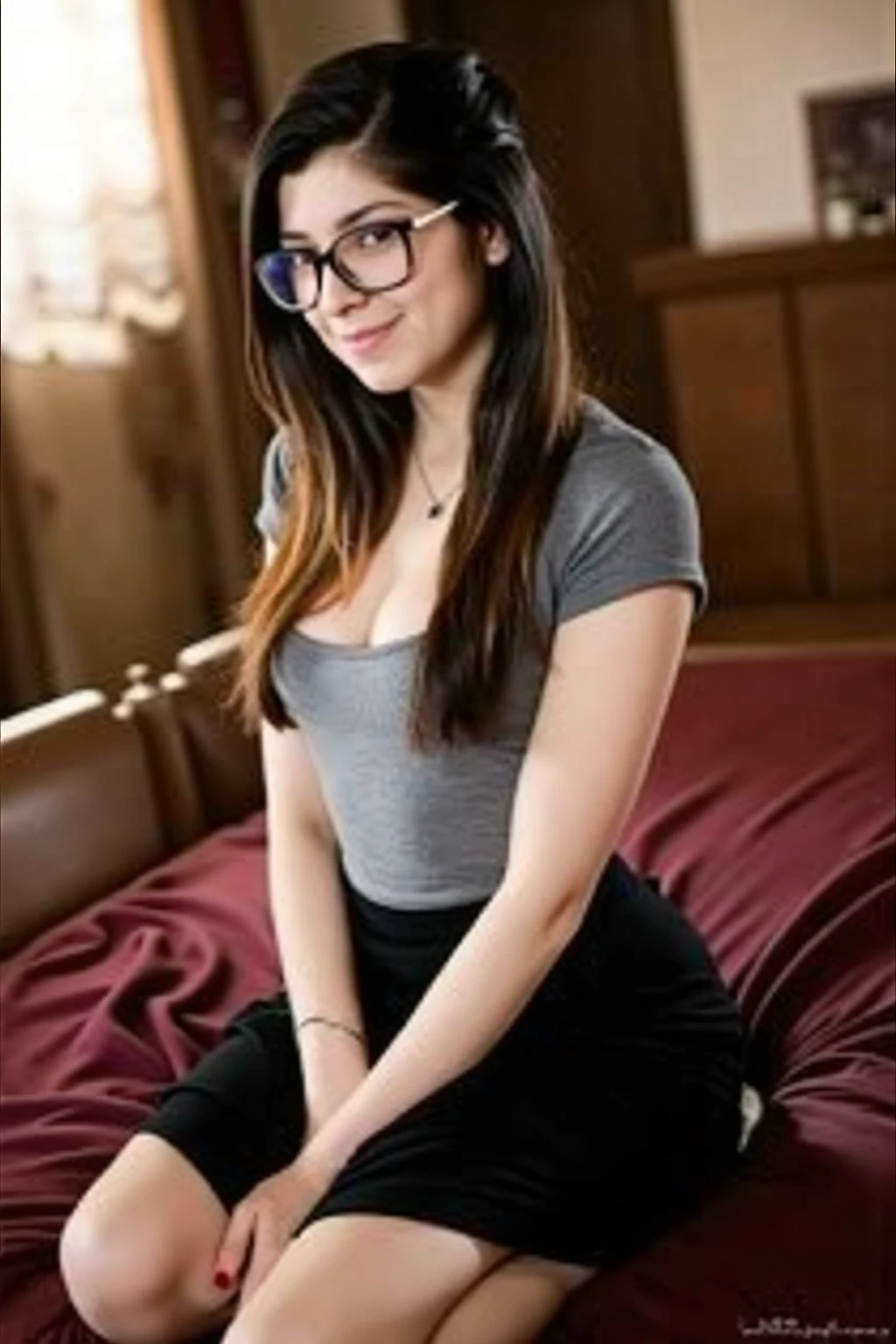 Beautiful girl named malkovai, 18yr old, wearing a short pleated skirt, kneeling on a queen bed, looking away from camera, photoshoot poses, hot pose, model, wearing glasses and necklace, perfect thighs, best quality, crystal clear quality, ultra high definition, night, 4K. 3929