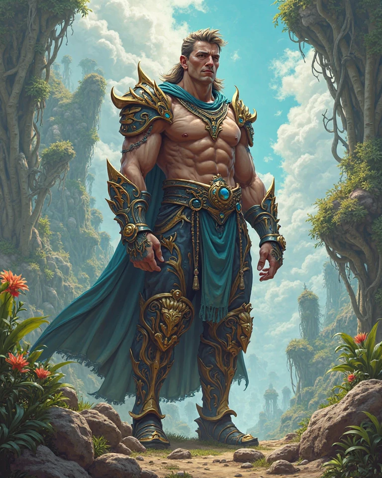 Sculpted warrior, exposed upper torso, legs bared from thighs to feet, flowing long curls, intricate muscular details, photorealistic depiction, 4K resolution. Background: Ancient temple ruins in a lush jungle,32k uhd, best quality, masterpiece, super detail, high details