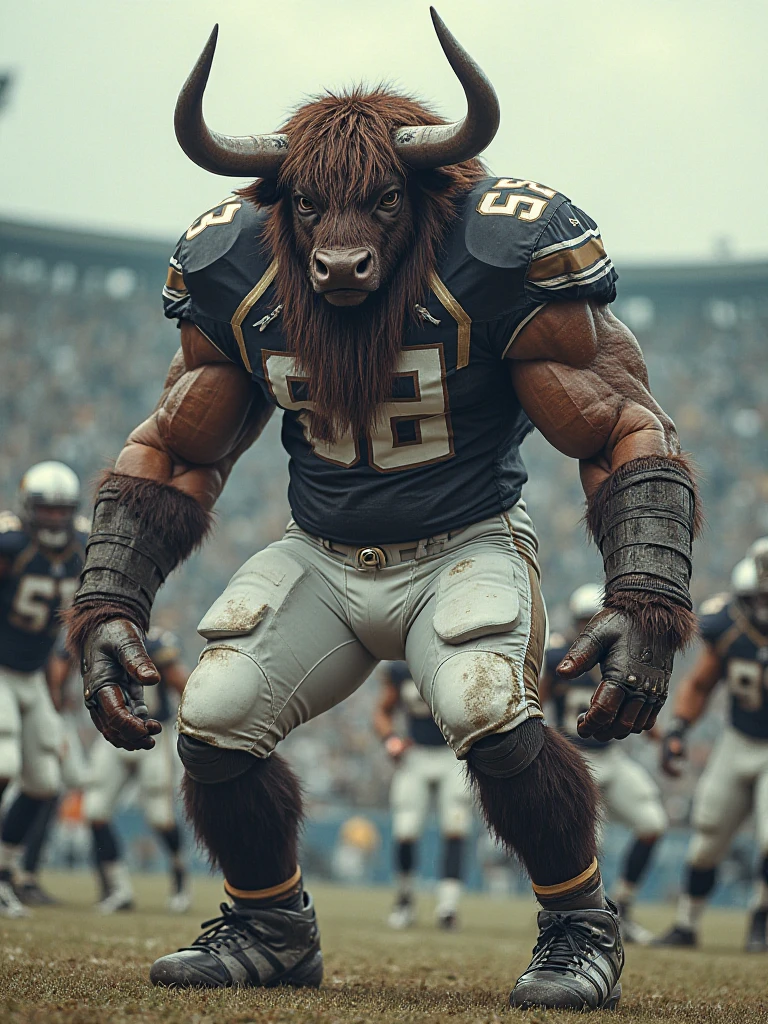 A minotaur playing american football, black bull face, bull head, professional picture, black hairy humanoid bull, dynamic shot, professional picture, sport magazine photo, stadium, crawd, night