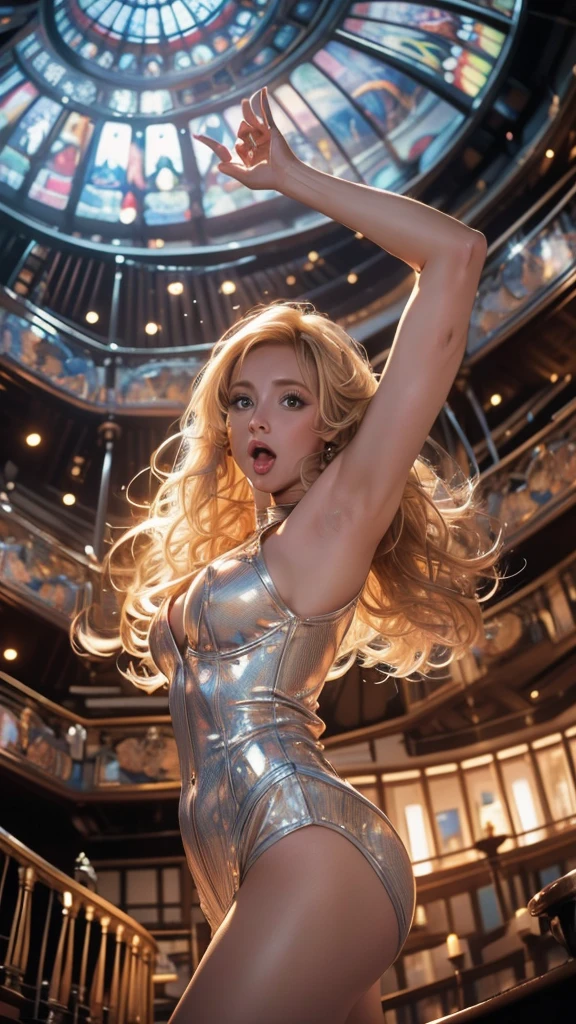 The background is a concert，tmasterpiece，8K，high definition resolution，cinmatic lighting，theater，lamplight，perform，teens girl，((microphones:1.3))，Concert，performance，Fashionable clothes，short  skirt，singers，idoly，Crop topping，cropped shoulders，Exposed cleavage，Bare thighs，hyperdetailed face, Detailed eyes, 二重まぶた，((Ultra-detailed)),((Delicate face)), Beautiful detailed eyes, (high light,Gradient hair),Long hair, Floating hair,  GSHea，The eye,Genshin_impact,Look at the viewer, ((Distant view)), Strong light and shadow, Cinema lenses，tmasterpiece，Super quality，theater stage，real silk，18yr old，Big eyes，A woman in a straitjacket holds a microphone and sings on stage, inspired by Vanessa Beecroft, Wear stage costumes, Korean concerts, Inspired by Hajime Sorayama, singing on stage, style of hajime sorayama, Wear tights,  wearing bodysuit,Stylish lenses