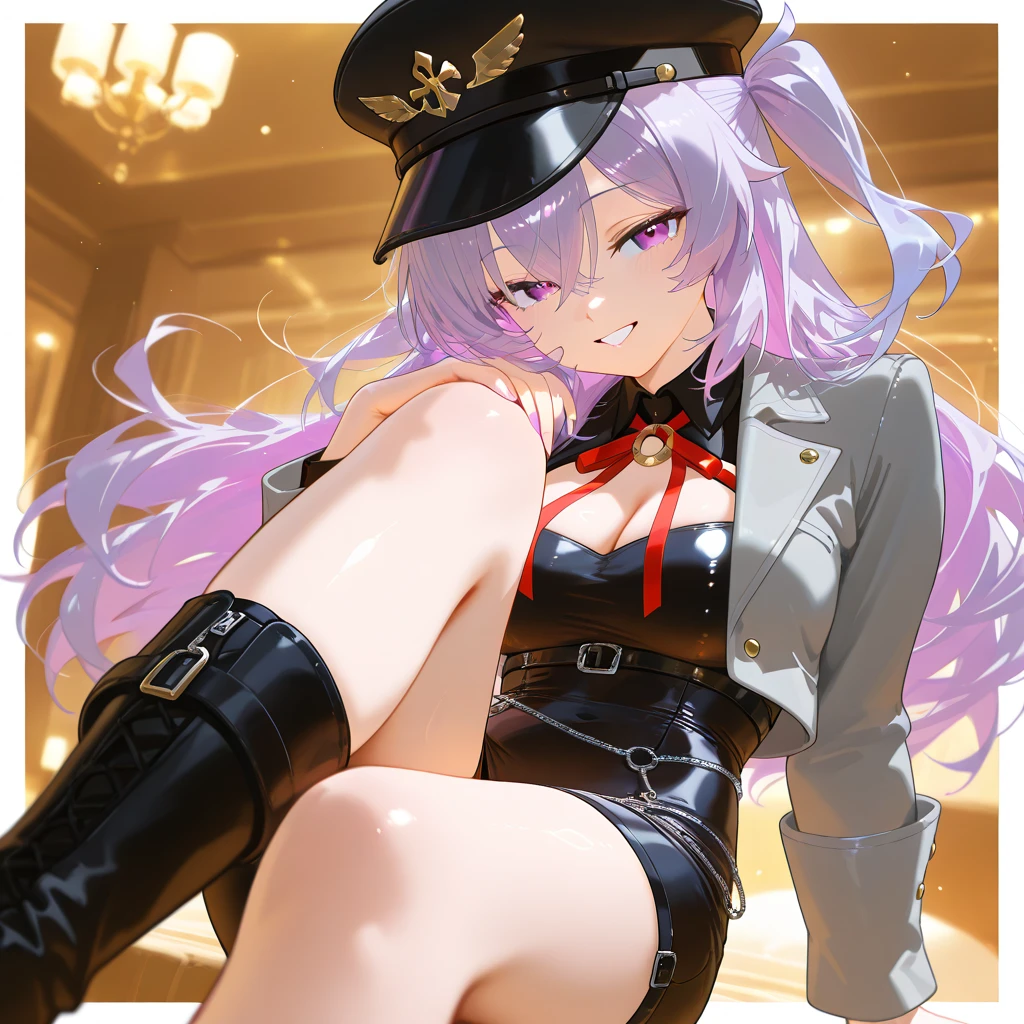 (hyper extreme detailed),(masterpeace),(hyper extreme),(photorealistic),CG,1man,1girl, outdoors, <lora:Valentines_Reward:1> ajax, red eyes, puple hair, black beret, white shirt, black high west skirt, pantyhose, boot,belt,black gloves, pendant,