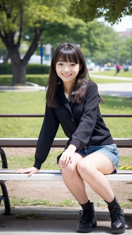 ((highest quality)), ((masterpiece)), A neat and beautiful woman sitting on a park bench、coat、long sleeve blouse、knee length skirt、black tights、sneakers、refreshing smile、smile showing teeth、full body photo、black hair、ear piercing、looking at camera、close up of feet、