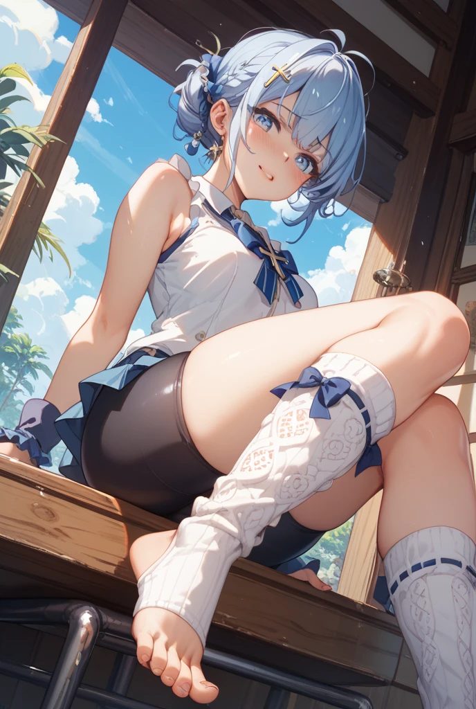 hands back, sexy pose, horny smile, light blue short-sleeved shirt, loli, woman, big breasts, white dress, light blue belt, small floral prints, light blue pointed high heels, white socks, white sun hat Wide Brims, Best Quality, Masterpiece, Illustration, Extremely Delicate and Beautiful, Extremely Detailed, Amazing, Finely Detailed, Masterpiece, Best Quality, Official Artwork, High Resolution, Extremely Detailed, Beautiful Detailed Woman, Thick Legs, Big Thigh , beautiful detailed eyes, light on face