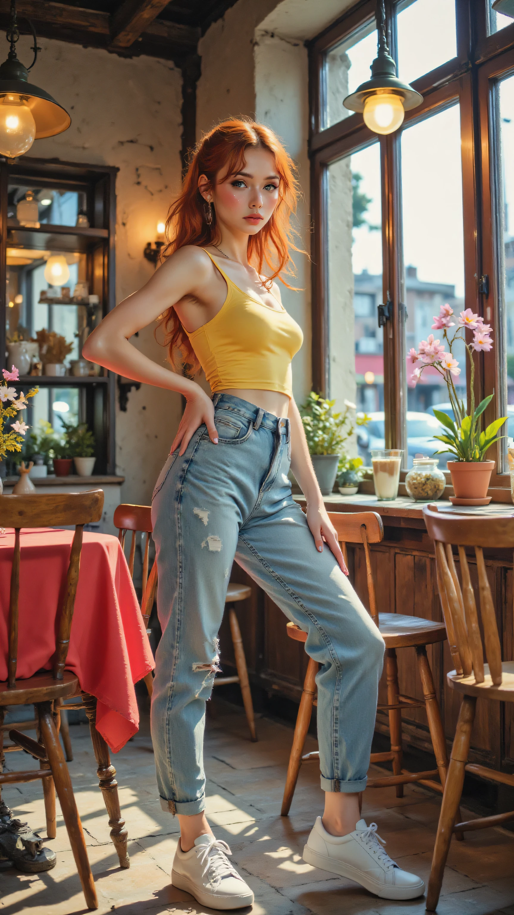 8k, Masterpiece, Top Quality, (Korea's Beautiful Women), Low-angle, back-view, orang hair, serious expression, yellow tank top, light blue jeans, high-waisted, bent leg, casual pose, white sneakers, rustic interior, wooden chair, table, red tablecloth, dim lighting, wooden paneling, large windows, hanging lights,