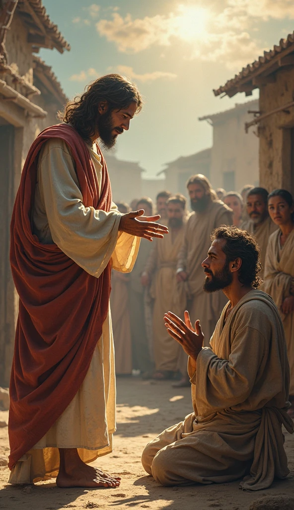 Jesus performing a miracle, healing a blind man in a bustling village, Middle Eastern market, people dressed in traditional ancient Jewish garments, astonished onlookers surrounding them, vibrant market stalls in the background, mid-day light, hyper-realistic, photo realism, cinematography -- ar 16:9