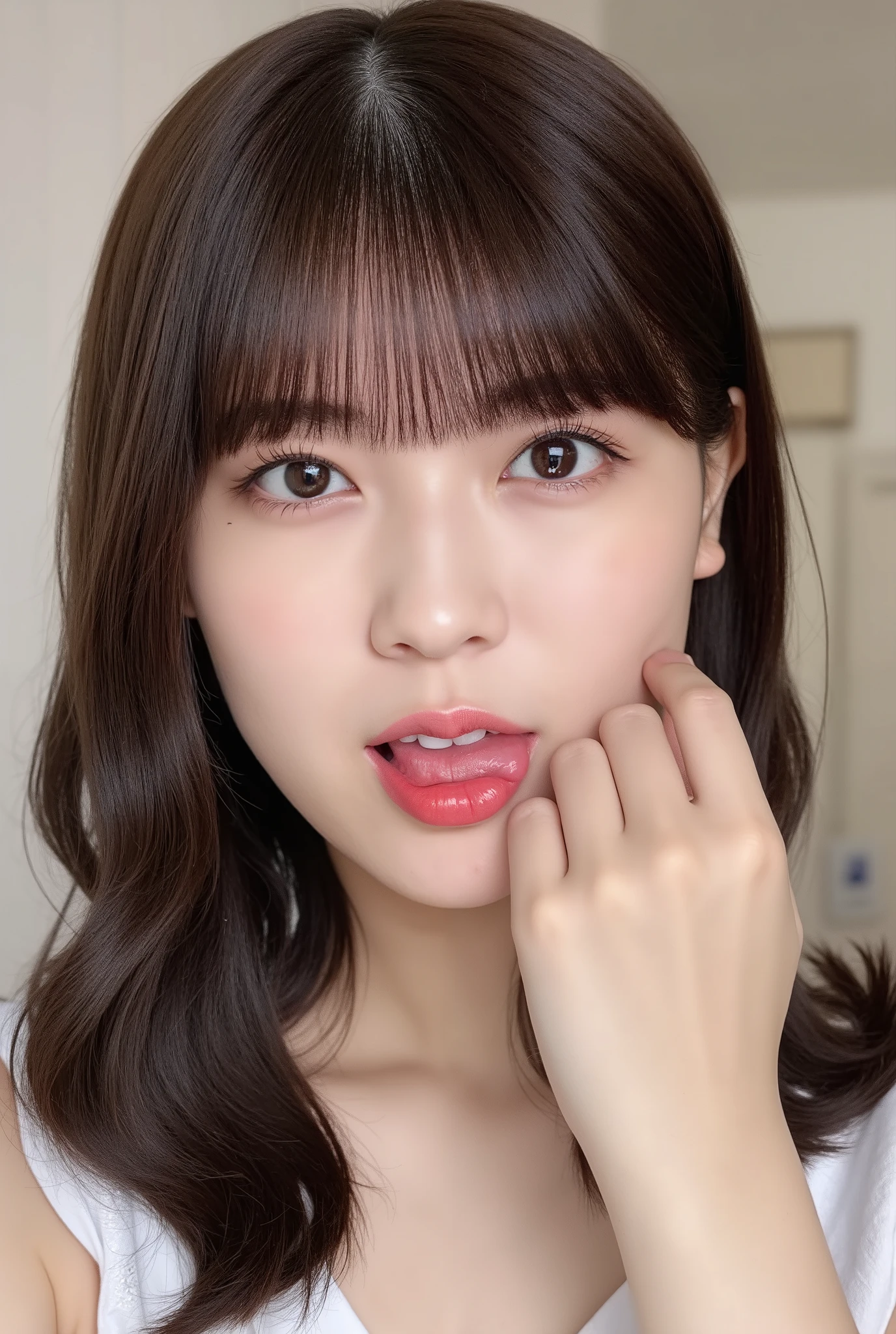 Face Up、 Young Japanese woman wearing white lingerie looking at camera 、 focus on the face 、( Hehe、 Aheface、)、 Two parts 、 Two parts サイン、 peace sign with both hands 、両手でV sign、V sign、( detailed hands 、 long finger 、 delicate sexy hands、 stiletto nails 、Shiny nails 、 Beautiful monochromatic nails 、Smooth nails 、)、 stick out your tongue、detailed tongue、 Delicate Sexy Tan 、 Big Breasts、( silk camisole )The background is the 寝室、 smile