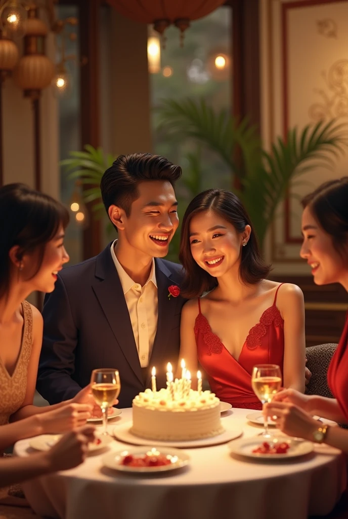 Japanese women in sexy dresses with cleavage showing, celebrating a birthday with champagne around a cake in a hostess club, surrounded by multiple wealthy men.