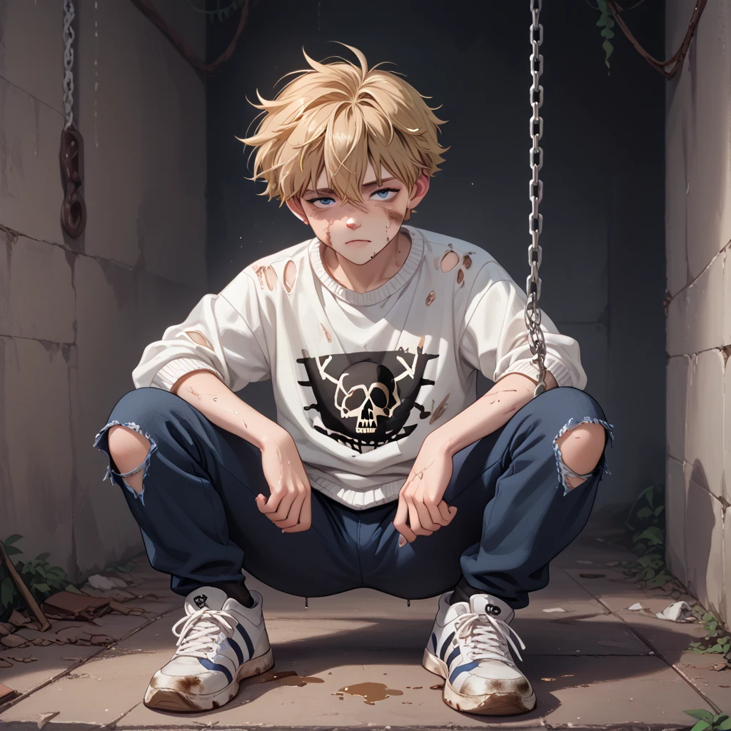 A 14-year-old boy with short blonde hair and a collar around his neck,The collar attached to a thick dog leash,The chains on his body were tied to the pillars,Curl up on your knees,Wear tattered clothes,The body dirty,A miserable and helpless look on the back in a crowded street