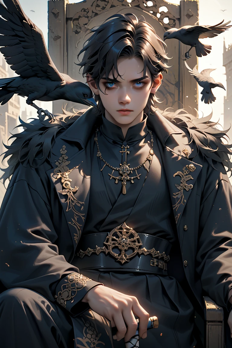 A high resolution,high detal,8K,(A boy:1.9),Handsome face,Messy silvery-white medium short hair standing on end,A gifted spell master,Black and white spell master set,Blue magic flames burned in one hand,Sealing spells,The other hand makes a boo motion,An evil red-eyed raven rests on the boy's shoulder,The is very detailed,Ultra-high sharpness,Thick coating,