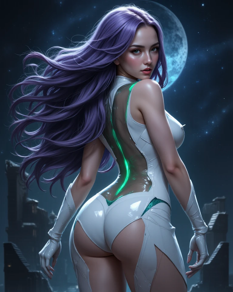 Beautiful nude woman with massive breasts. The breasts are not covered by anything. Red full lips. shiny purple stockings with a belt. Very long transparent silver dress very tight showing nude whole breasts. (masterpiece, best quality:1.3) YunaFF10, 1girl, solo, heterochromia, Very long very curly hair with neon blue color and neon green color. Woman is standing on alien planet in the misery jungle, smiling, sunlight, on the sky we can see planet with rings like Saturn and spaceships of alien formation.