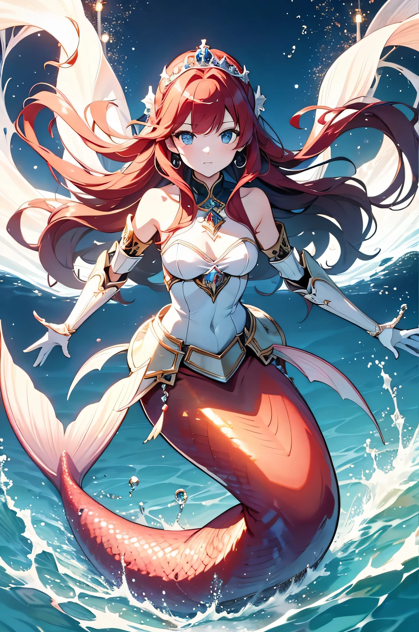 Mermaid, dusky red Mermaid tail, dusky red hair and blue eyes, grey stone armor, best quality, masterpiece