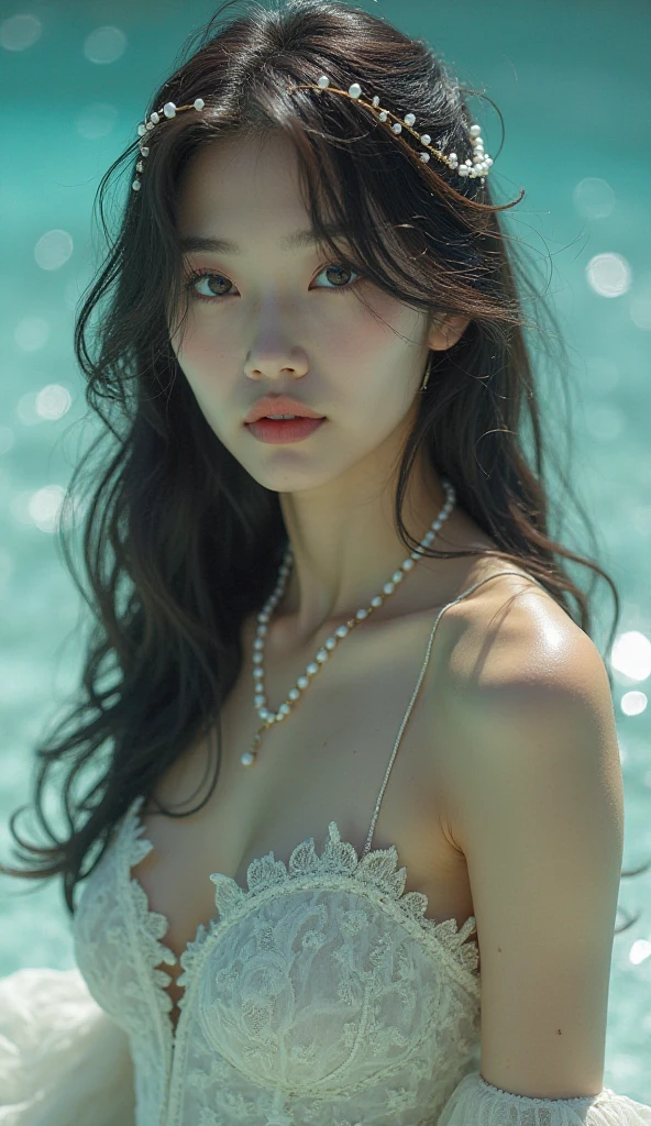 Absurd, RAW Photos, Very delicate and beautiful, masterpiece, Highest quality, Ultra-high resolution, 32K, Surreal, Very detailed, Perfect figure, 20th Generation, Delicate facial features, Tearful mole, necklace、Earrings, Small shapely breasts, Knee to upper body shot,Charming woman,The surface of the sea, bathed in the setting sun, gleams.、Bold Pose、