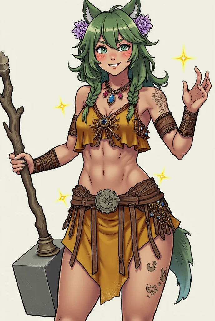Comics,representation of a young half-human, half-orc woman, tall and muscular, blue hair, light green eyes,pale skin, tribal tattoo,fantasy heroic style. watercolor