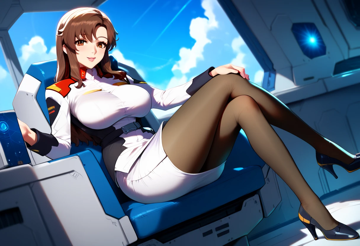 masterpiece, top-quality, Hi-Res, Marieu Ramias1, 1girl in, 独奏, (Black_pantyhose:1.1), Wearing a military uniform leotard、sitting with spreading legs, cockpit, spaces, open open mouth,Colossal tits,tights,Naughty face