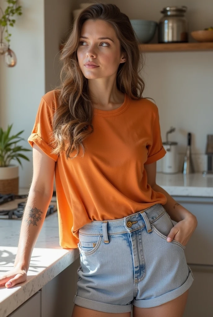Blonde Swedish woman wearing an orange shirt and a darkblue jeans in a summer environment right before sunset, a few other people in the background
