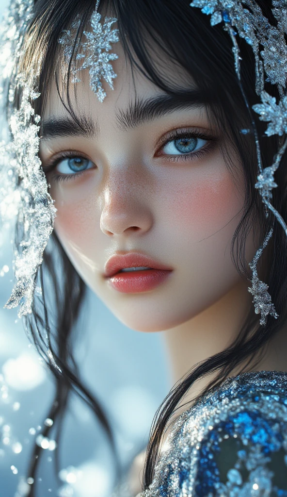 Here’s a refined **close-up shot** version of your prompt with enhanced details:
**"A stunning close-up portrait of the January Month Princess, radiating ethereal beauty and grace. Her captivating eyes glisten like frost under soft winter light, framed by long lashes dusted with delicate snowflakes. Her flawless, porcelain skin glows with a subtle icy sheen, complemented by rosy cheeks kissed by the cold. Adorned in an exquisite, intricately detailed winter gown, the fabric shimmers with silver and blue embroidery resembling frozen vines and crystalline patterns.
Her lustrous hair flows like spun silk, entwined with delicate frost flowers, sparkling icicles, and tiny diamond-like dewdrops. A delicate silver tiara rests upon her brow, glinting with an otherworldly glow. The background subtly blends a dreamy, snow-kissed forest, softly blurred to keep focus on her mesmerizing presence.
Rendered in hyper-realistic 8K detail, every strand of hair, every frosty texture, and the magical ambiance are crafted with lifelike precision. The lighting is soft yet dramatic, enhancing her divine elegance—perfect for a highly appreciated, visually breathtaking fantasy masterpiece."**
Would you like any adjustments, like more emphasis on specific features (eyes, jewelry, etc.)? 😊