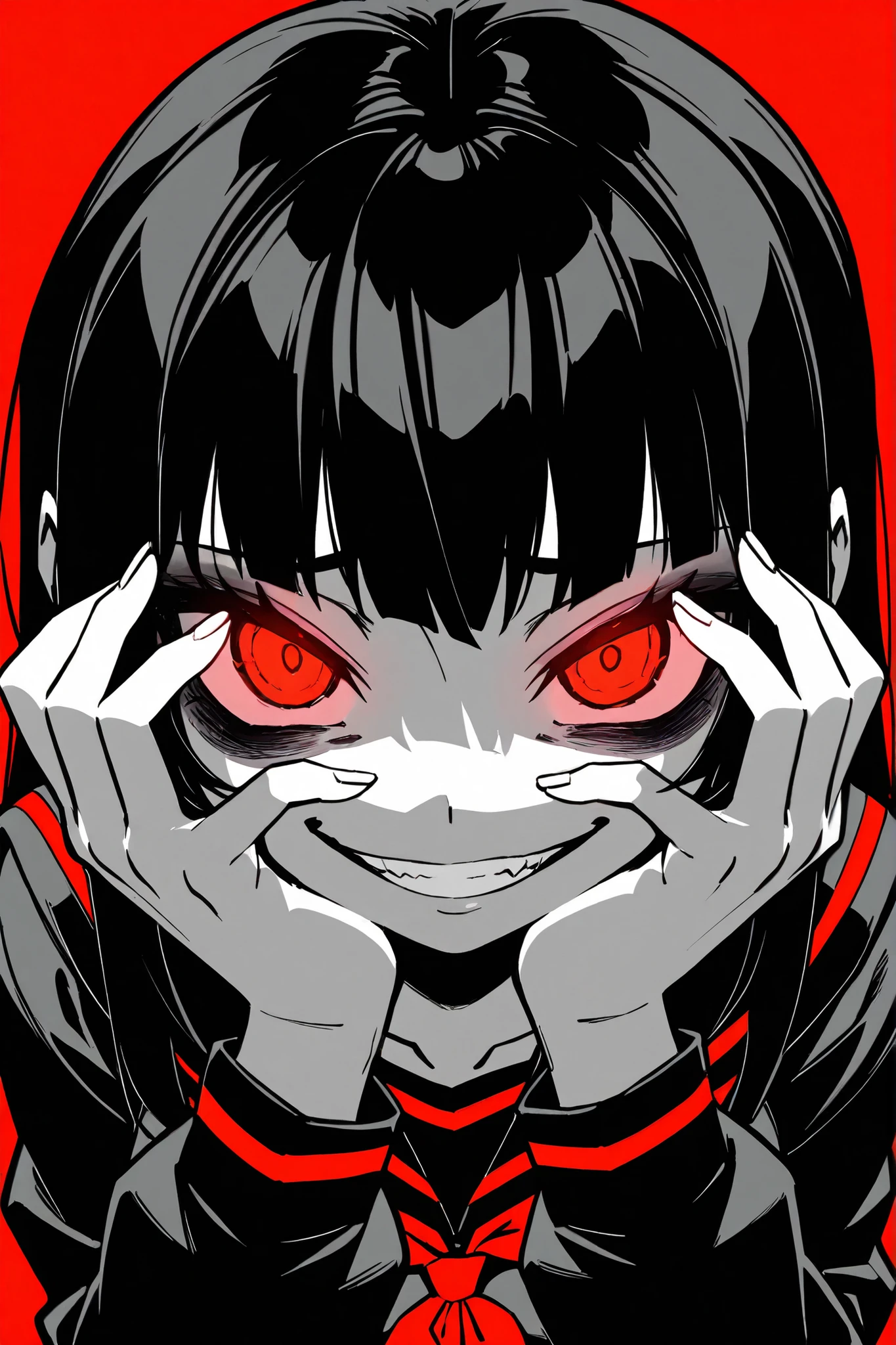 miaomiao_hwm, masterpiece, best quality, absurdres, newest, very aesthetic, amazing quality, highres, ultra detailed, best anatomy, HDR, 8K, high detail RAW color art, high contrast, large pupil, perfect anatomy, black hair, long hair, hime haircut, red eyes, glowing eyes, bags under eyes, black eyeshadow, medium breasts, black and red seifuku, crazy, evil smile, yandere, school, close-up, horror, hands on face