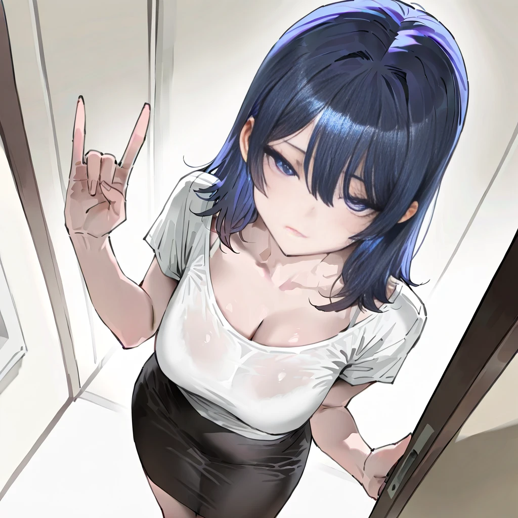 aihoshino, Ai Hoshino, Long Hair, bangs, (Purple eyes:1.1), Blue hair that is almost black, ((Symbol-shaped pupil:1.5)), smile,
break long sleeves, sweater, ribbed sweater, camisole, white camisole,
break indoors,
break looking at viewer, (Cowboy Shot:1.5),
break (masterpiece:1.2), Highest quality, High resolution, unity 8k wallpaper, (figure:0.8), (Beautiful attention to detail:1.6), Highly detailed face, Perfect lighting, Highly detailed CG, (Perfect hands, Perfect Anatomy),