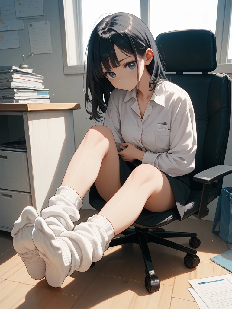 A teenage girl with a black hoodie and black shorts sitting at her desk using her computer