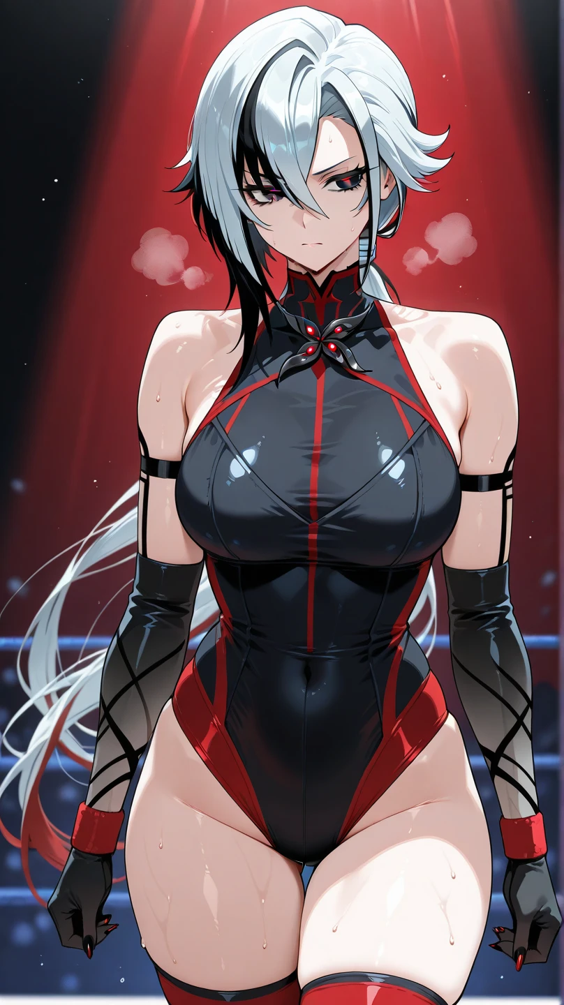 Female Ninja、Bare arms、Sexy pose、Long Hair、ponytail、Exposed cleavage、Japanese style background