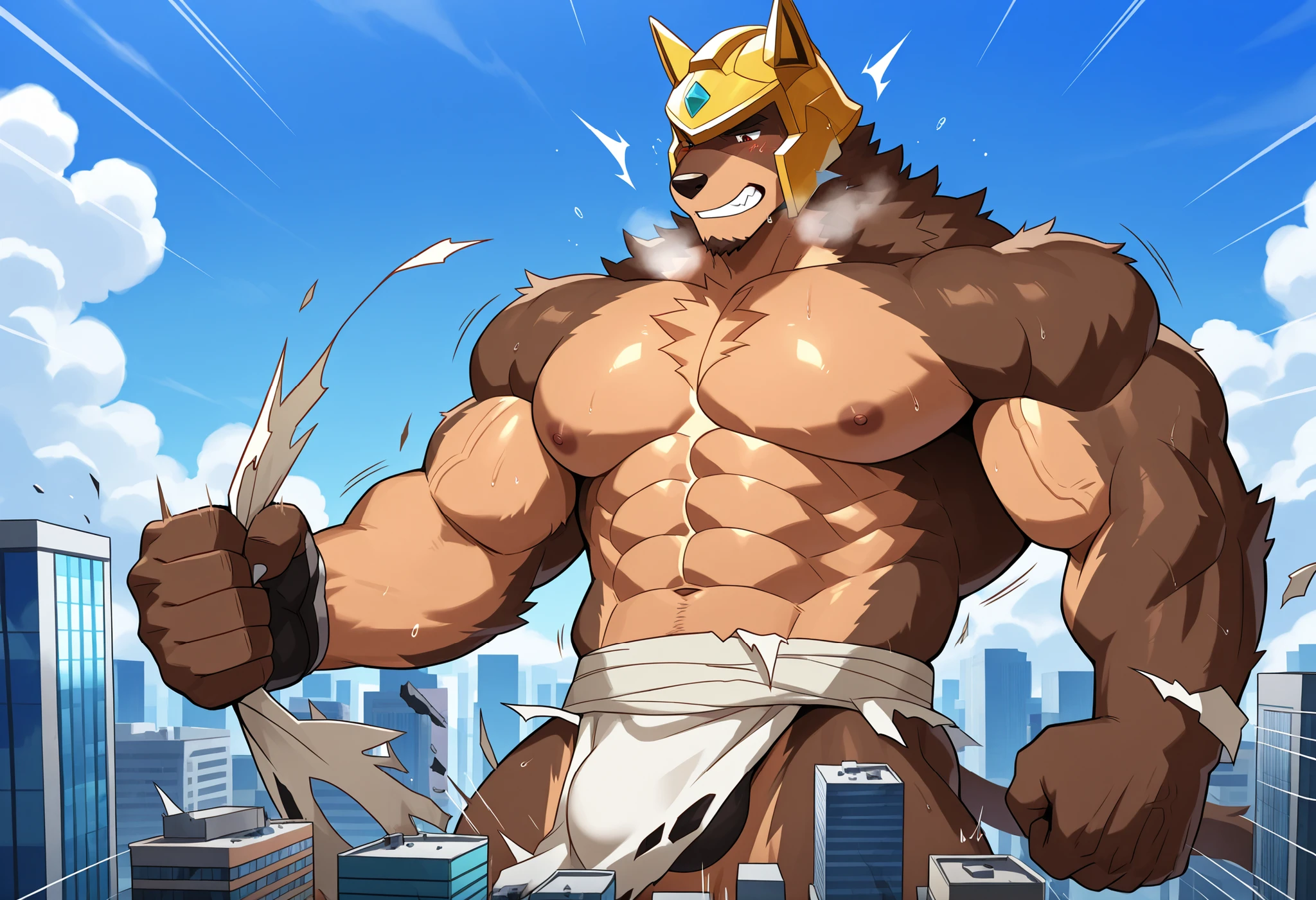 bara nasuspdxl, torn white loincloth, (ripping apart his clothes), dark brown fur, helmet, (macro in miniscule city), macro causing accidental destruction, (throbbing body), (throbbing lines)