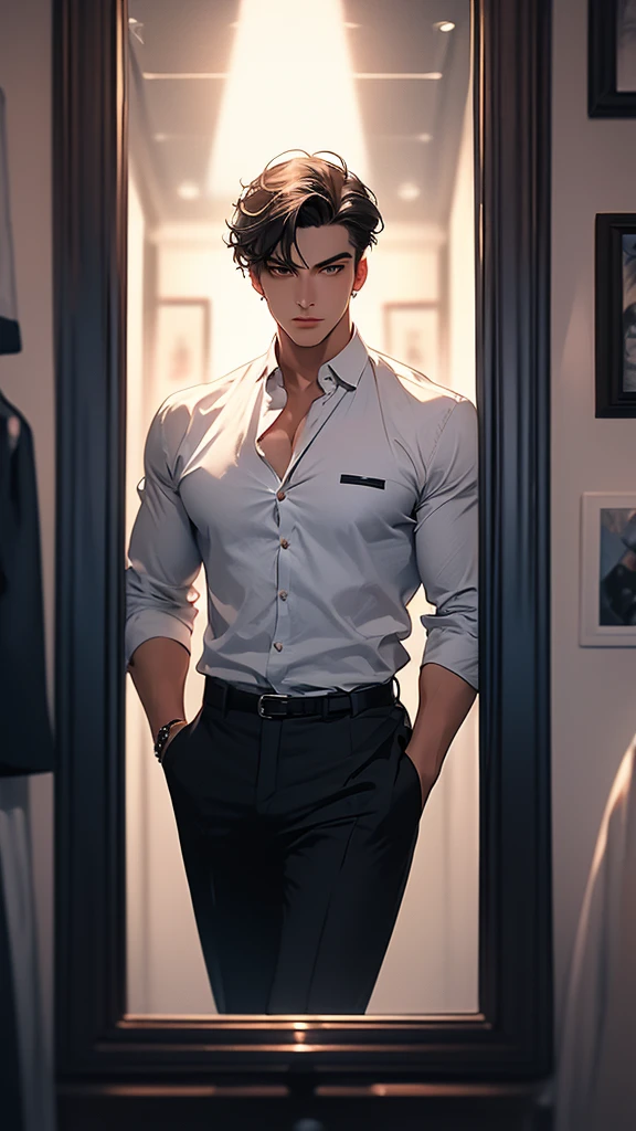 Arav man in shirt and tie sitting on a chair, Pastel paintings inspired by Randy Vargas, Unsplash, Surrealism, Male Model, Sexy masculine, Asian Men, non binary model, underwear, V-neck dress, Transparent body, A model with an attractive figure, handsome stunning realistic, Super hot and sexy, Edit Mode, Perfect body, Muscular posture