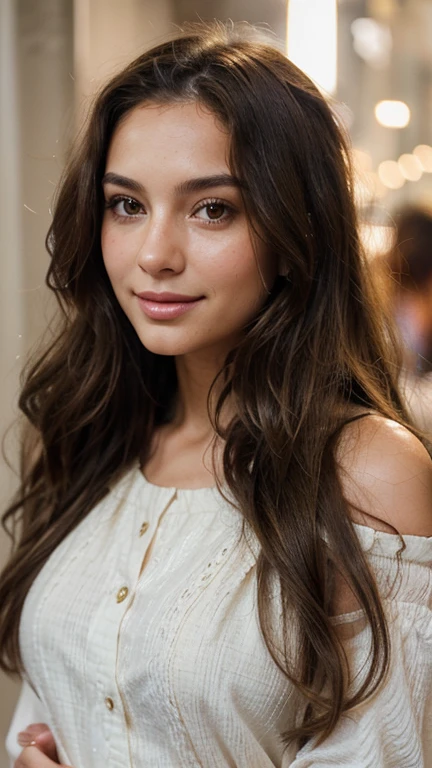 29 year old woman, long brown hair a little curly, Brown eyes, visage parfait, professional makeup like model, C et portant un haut noir, in Greece