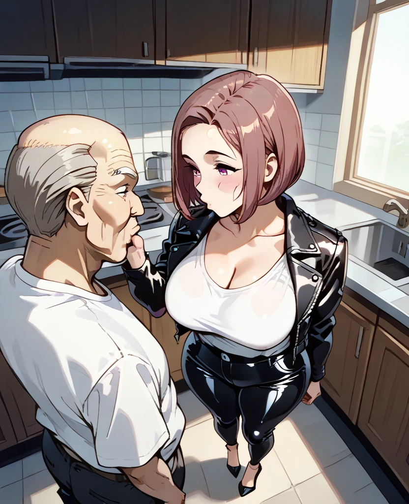 ((thick body mature woman age 40 American milf super model)) 2women, wearing topless and skirt, walking in house kitchen, nipples peeking out of bra(((1 man being escorted by 2women)))