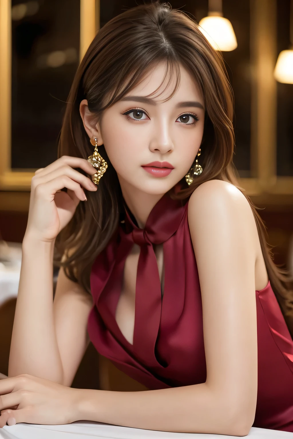 masterpiece, Highest quality, Realistic, Very detailed, Finer details, High resolution, 8k wallpaper, One beautiful woman, Wear a high-quality colored silk shirt, In a great restaurant, At night, Light brown messy hair, Perfect dynamic composition, Beautiful and beautiful eyes、Big earrings、chest、Sleeveless shirt、