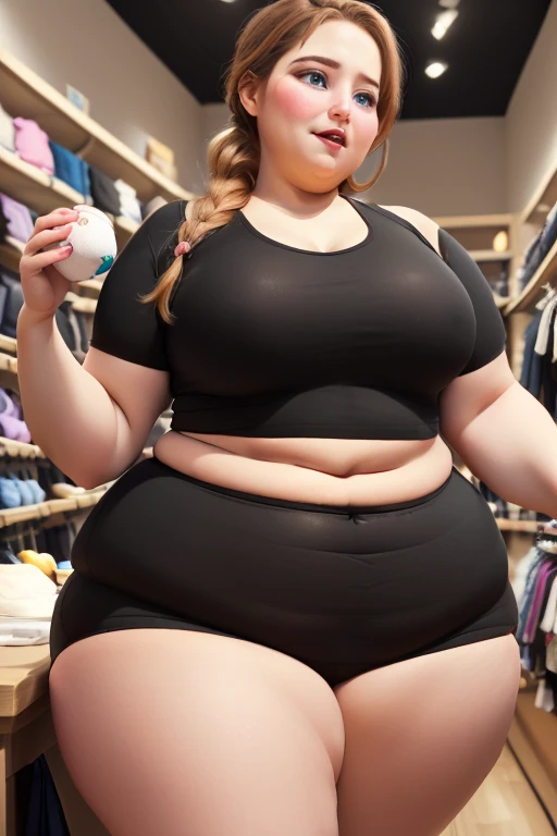 A Gamer photo of a young beautiful bottom heavy Gamer redhead ssbbw with pear-bodyhape, extreme wide hips, with long ginger hair soft fat belly, extremely wide fat obese hips, very obese legs, thick fat wide legs and fat arms, huge wide butt, cute pretty face, fat saggy breasts, in comfortable gamer clothes, Wearing a headphone on her head, sitting on a couch playing videogames with an XBOX controller, there is a pizza and a lot of snacks next to her on the couch