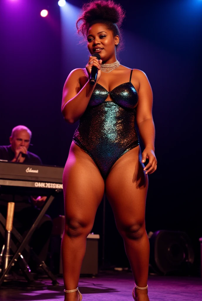 A 28 year old Black Woman is standing on stage in a gold one piece. She is wearing a lapel microphone and is singing and dancing. Her figure is full and muscular, and her hair is a straight lob cut.