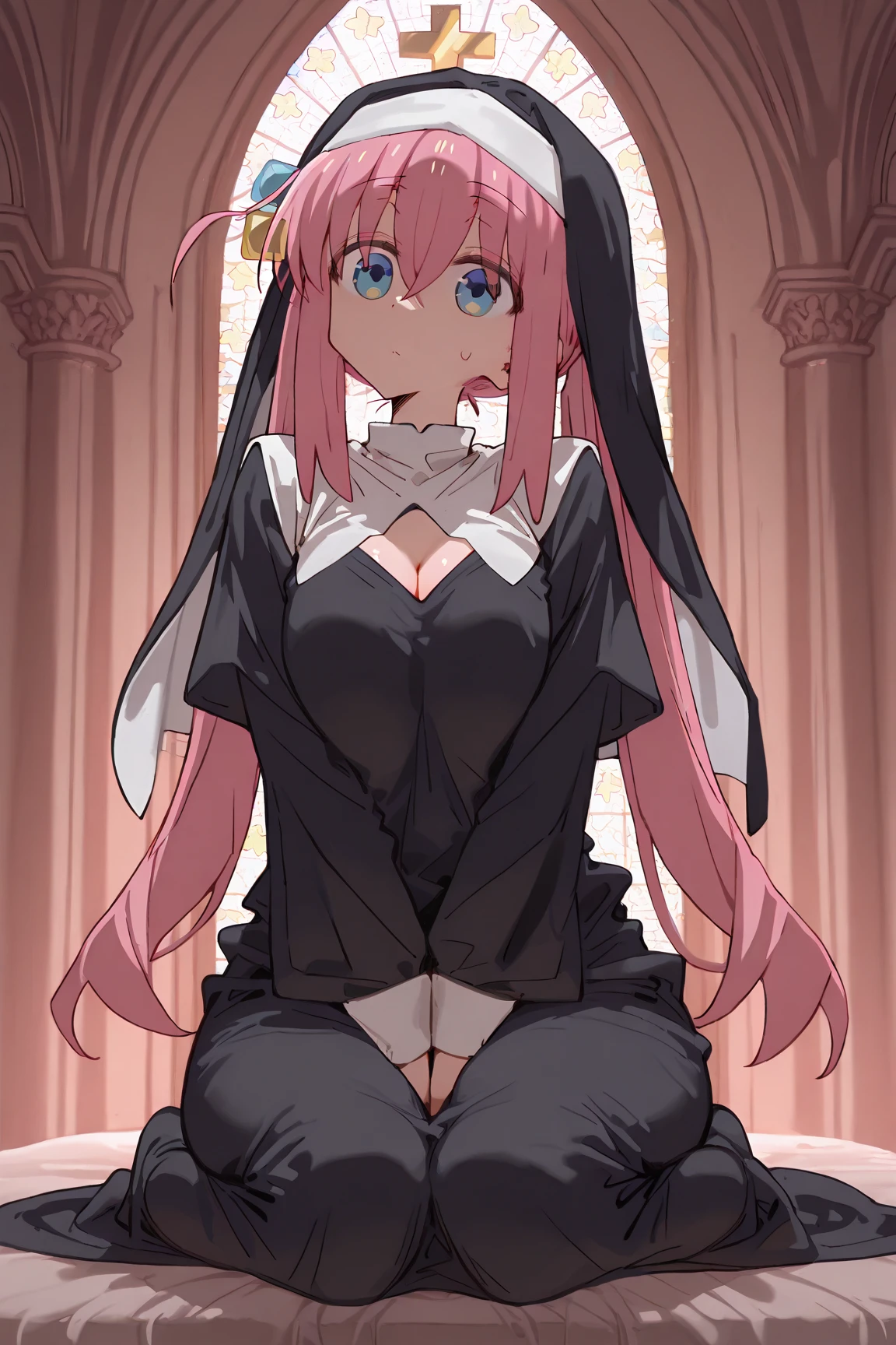 Girl with pink hair, long twin-tail hairstyle,((small bushy eyebrows)),, dressed in gothic wedding dress, lolita clothing, lolicon , (in a church full of people), flirtatious smile, suddenly having sex in public, ((squinted eyes, red cheeks and drooling)) hands on belly, force the groom to have sex at the altar, wearing a wedding dress, 1 boy crying behind her