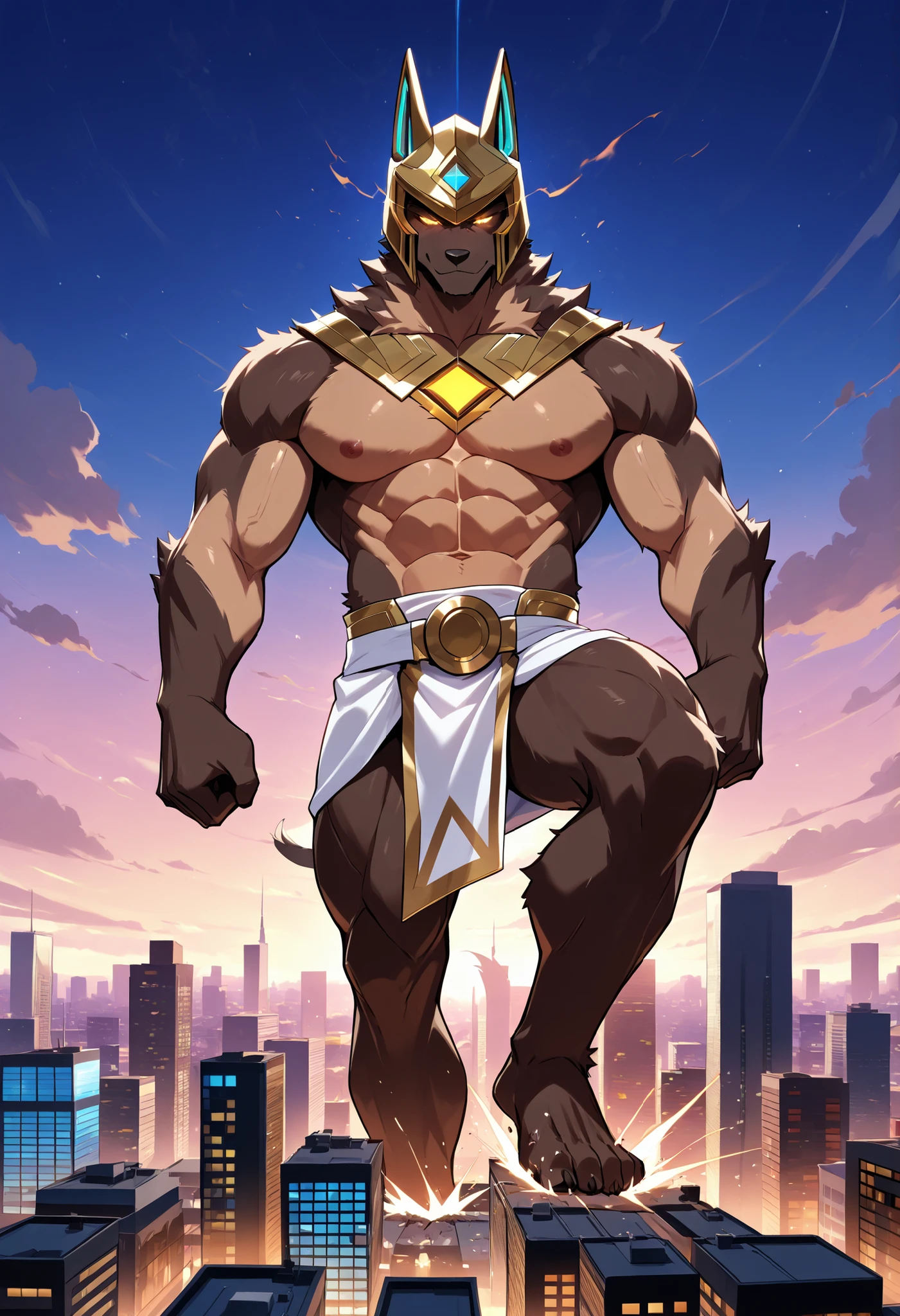 score_9, score_8_up, score_7_up, nasuspdxl, attractive, handsome, seductive, alluring, muscular body, pectorals, abs, white loincloth, glowing eyes, dark brown fur, helmet, (full body), (macro in miniscule city), stomping