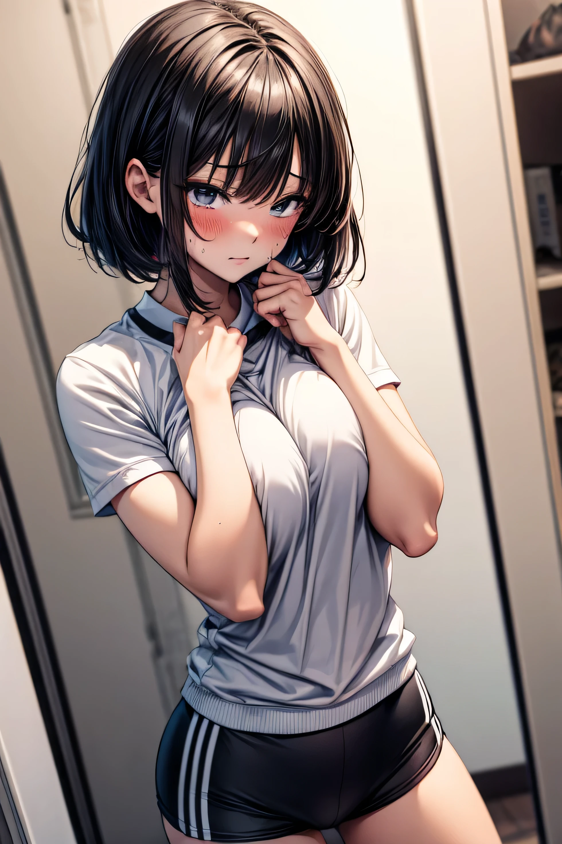 nsfw,vaginal penis,((1man and 1woman,POV,having sex:1.5)),standing sex,((perfect anatomy:1.5,realistic:1.3,RAW Photography:1.3,masterpiece、highest quality、Ultra - High resolution、High resolution、Highly detailed CG、8K)),cowboy shot,1 female,solo,guitarist,18-year-old、High school girl beautiful girl,Japanese,((beautiful detailed face and eyes:1.2,big gorgeous eyes:1.2,gray eyes)),dark brown hair,short bob hair,bangs,medium breasts,slender body,small head:1.3,skinny,(oily skin,gleaming skin,shiny skin、sweat:1.5),black tank top、plaid pleated skirt、(rolled up skirt:1.5、vagina),locker room,Backstage、Harajuku、Tokyo、