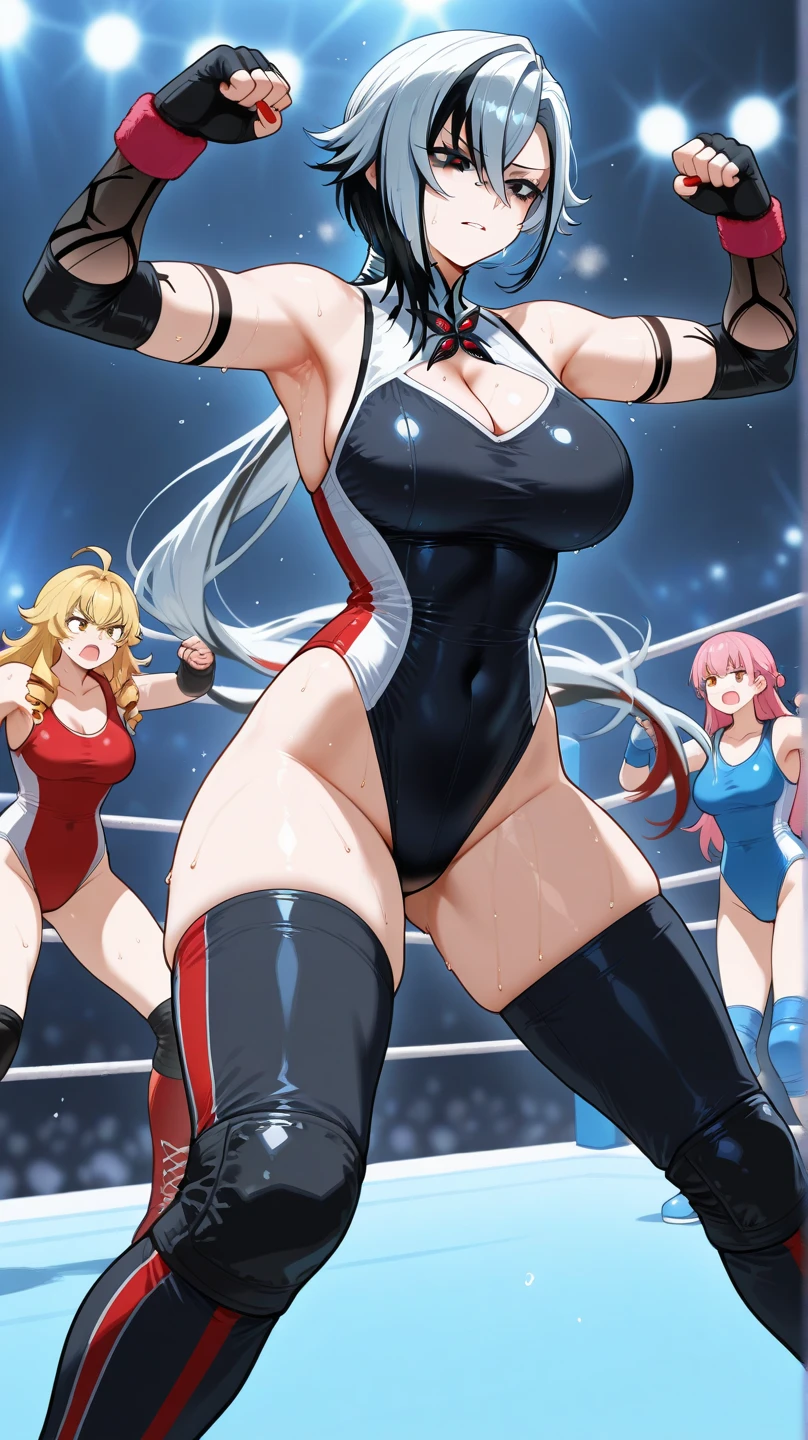 Anime, High quality full body image of Asuna as a bodybuilder in a tight bikini, Saite Tanga, ohne Schuhe, feet, bare feet, massive muscular body, huge muscular shoulders, Massiver Big Bizeps mit Adern, Muskelbeine, massive muscular abs, bizeps flex. posierend, Sie schwitzt, very muscular, The toned body shines in the spotlight, she is standing on a stage