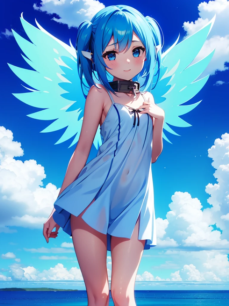 best image quality、highest quality、8K、Upper body、swimsuit、thighs、light blue hair、bob hair、blue eyes、starry sky、beautiful eyes、stomach、Navel、white wings grow、15 years old