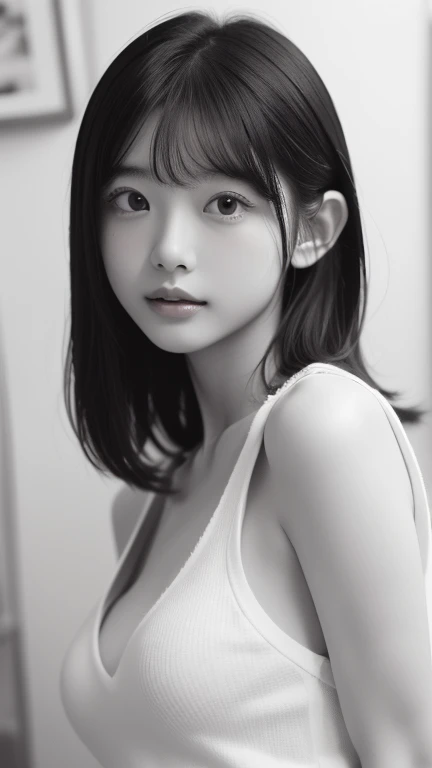 Black and White、monotone、PAPERCUT、woman、Baby Face、 Extra Short Hair, Side lock hair