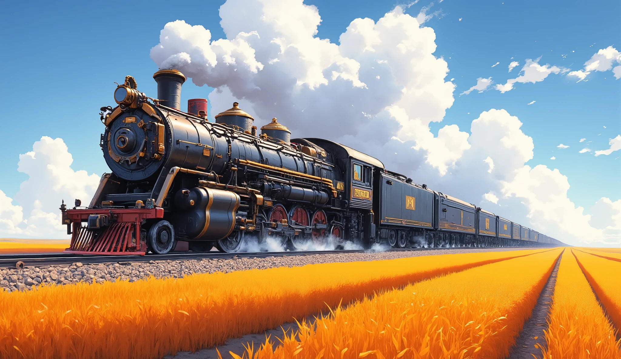 Endless wheat fields，Steam trains，The tone is dim，high qulity，detail-rich，8K分辨率