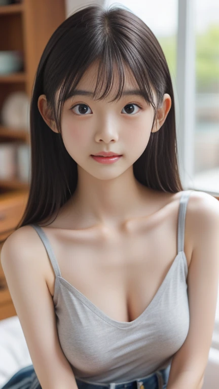 Sexy Woman, Very deep blush, Red nose tip, Long neck,Medium Chest, Visible Cracks, Bedroom, Warm lighting , Lying in bed, Put your head on the pillow, look up、Open your eyes、Navy school swimsuit、Open your mouth
