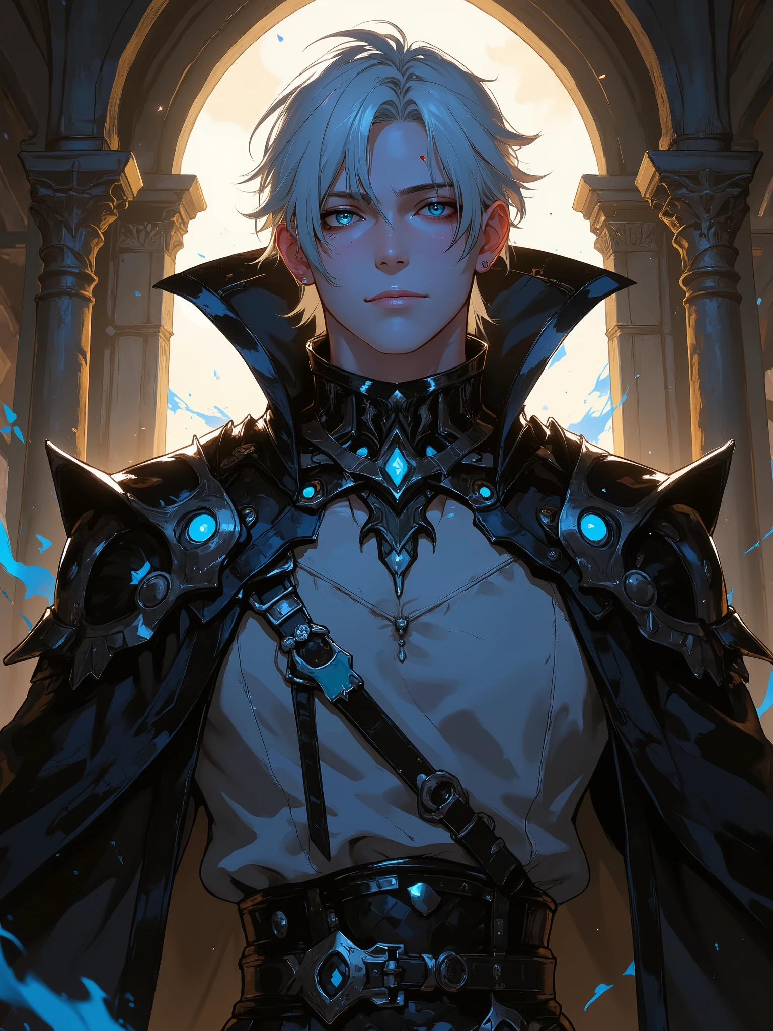 Homem loiro. Black adornment around the neck to the chin (frontal). Roupa cinza. Cinto. to look deep. medieval era. anime style. Olhos azuis. Alto. Serious